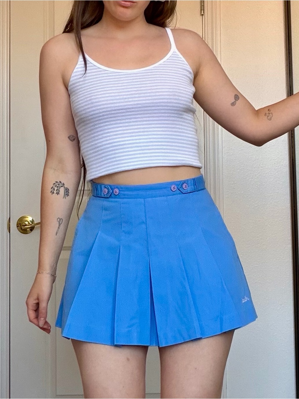 Vintage Head Pleated Tennis Skirt with Button Waist